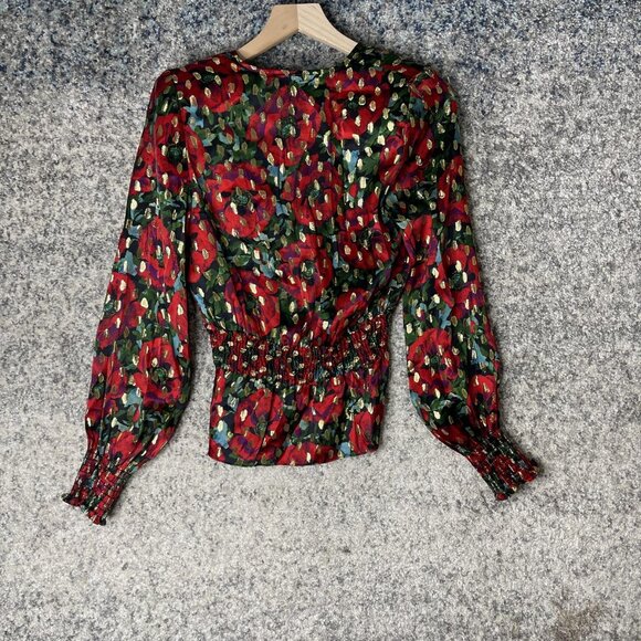 The Kooples Blouse Womens Small Red Gold Giant Poppy Metallic Long Sleeve Floral - Picture 8 of 9
